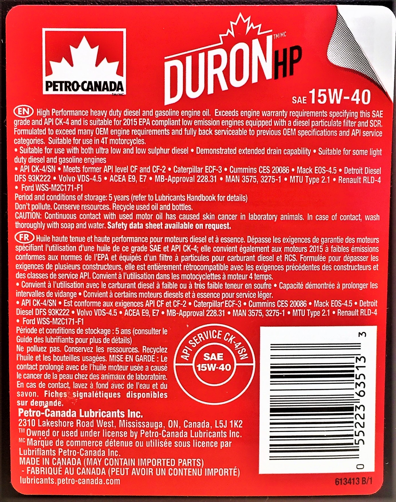 PetroCanada Duron HP SAE 15W40 Heavy Duty Diesel Engine Oil API CK4/SN
