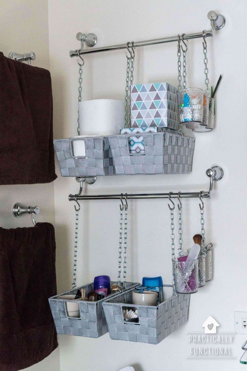 DIY Hanging Storage Bins For Over The Toilet Storage