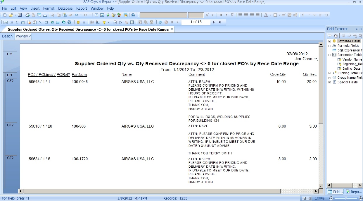 Supplier Ordered Quantity Vs. Received PracticalTek