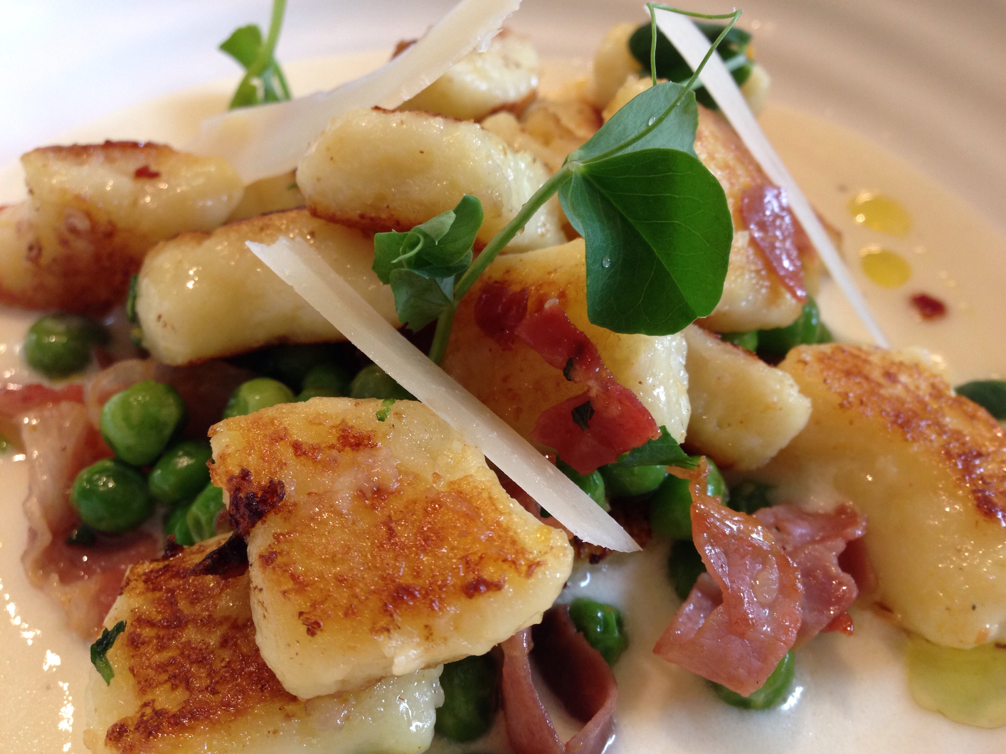 Potato Gnocchi with Parmesan Cream Sauce, Prosciutto and Peas Prairie