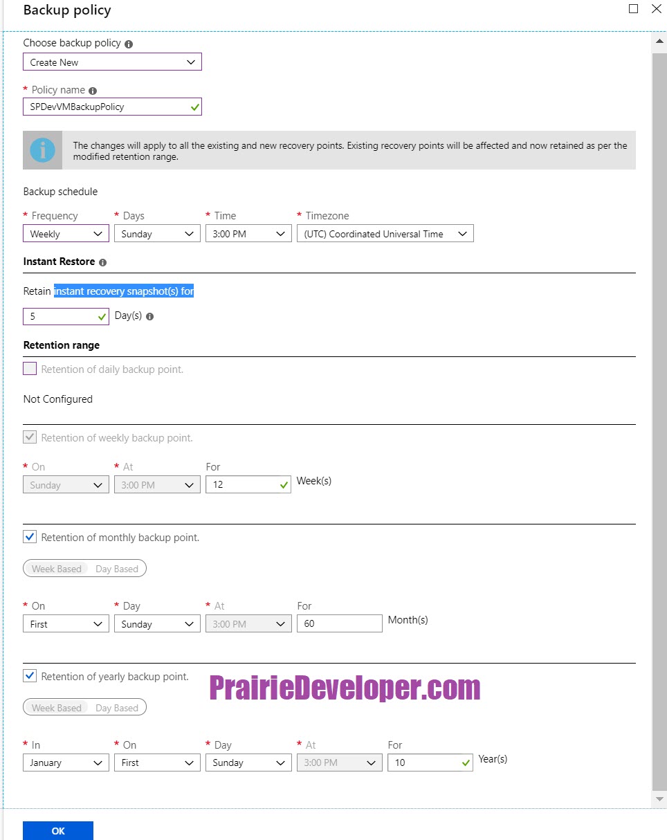 Azure VM Backup Create Backup Policy Little Developer on the Prairie