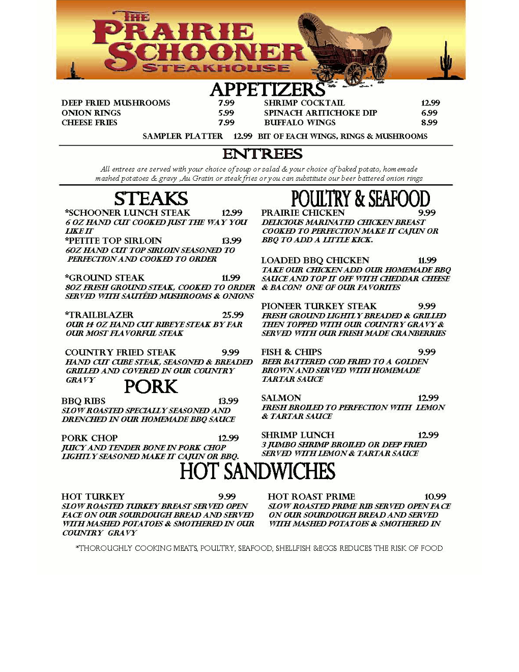 Menus Prairie Schooner Steak House
