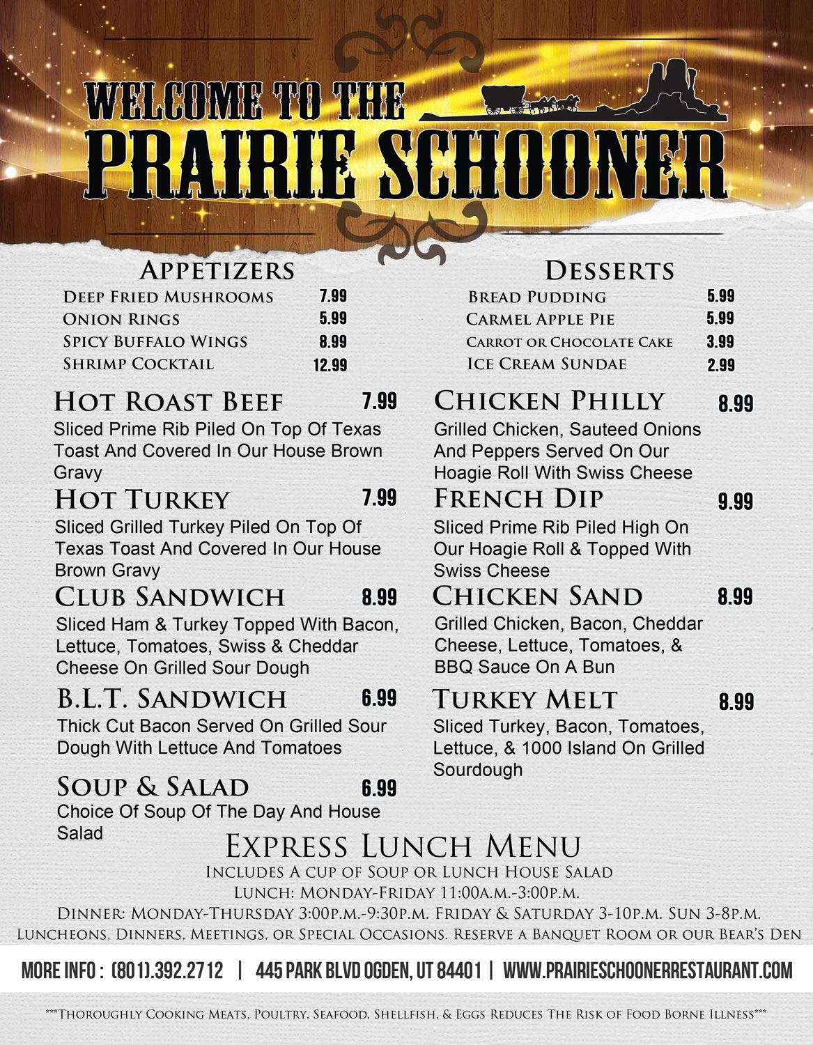 Menus Prairie Schooner Steak House