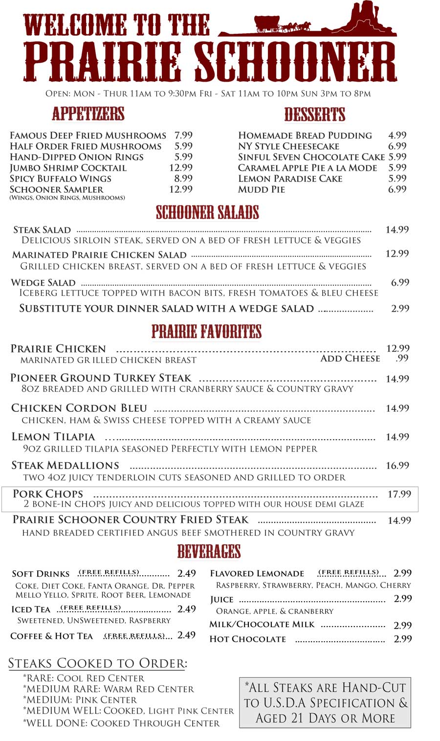 Menus Prairie Schooner Steak House