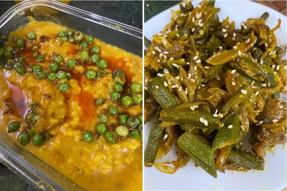 Dal with green peas & Okra with onions and sesame seeds pravasisamwad