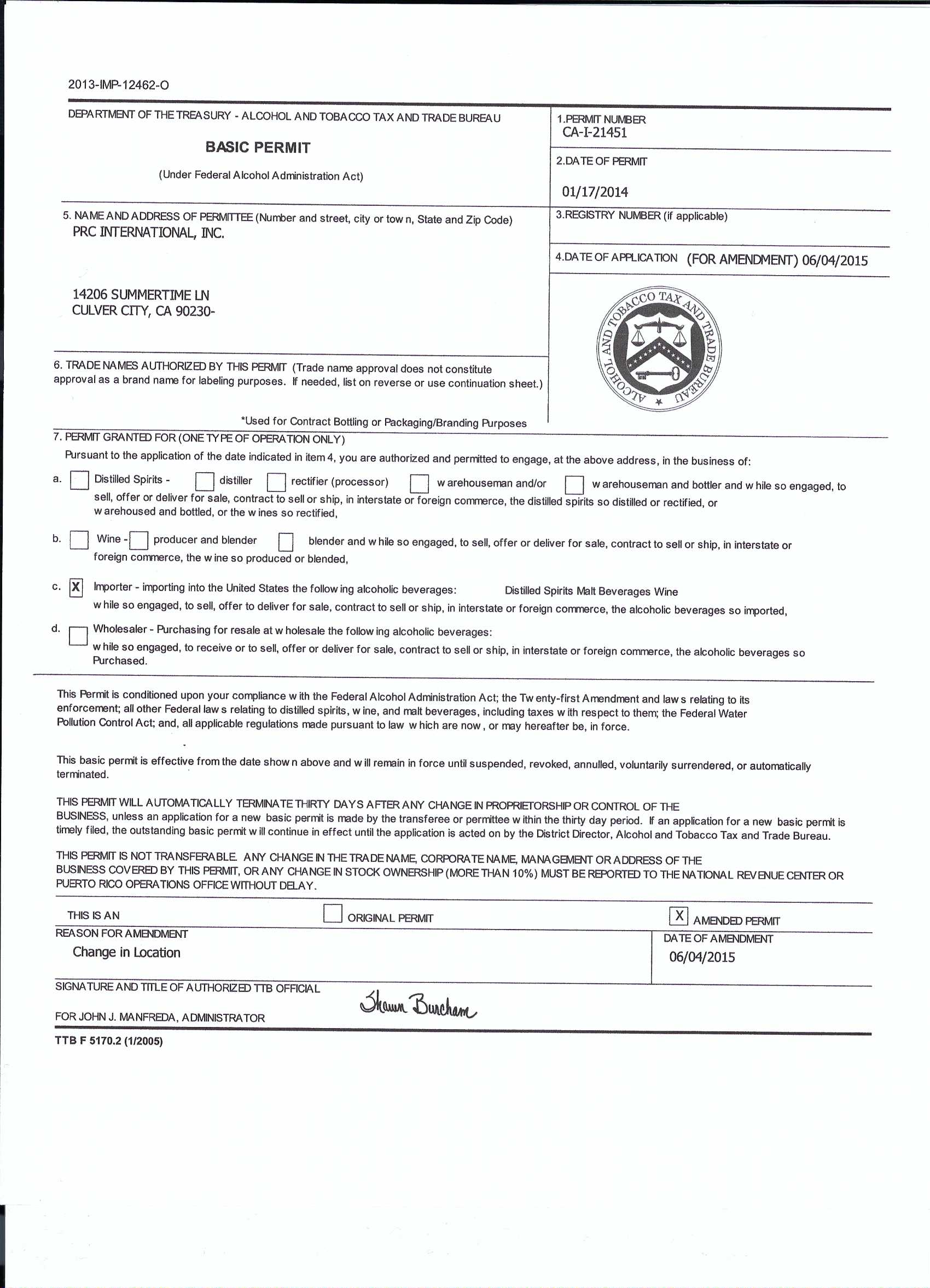 Federal Permits PRC International, Inc.