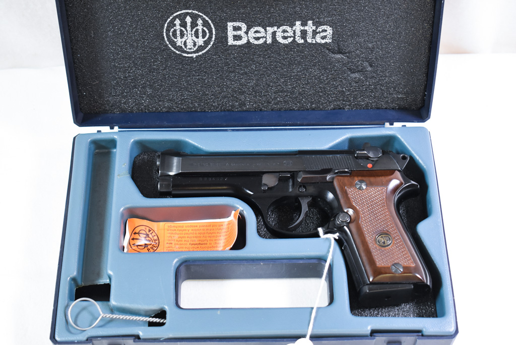 SOLD LIKE NEW BOX EARLY 1980'S BERETTA MODEL 92SB COMPACT 9mm PISTOL, WALNUT GRIPS, TONY SOPRANO