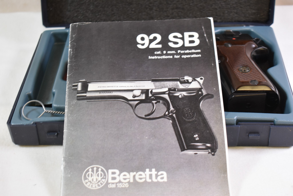 SOLD LIKE NEW BOX EARLY 1980'S BERETTA MODEL 92SB COMPACT 9mm PISTOL, WALNUT GRIPS, TONY SOPRANO