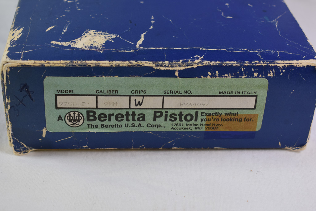 SOLD LIKE NEW BOX EARLY 1980'S BERETTA MODEL 92SB COMPACT 9mm PISTOL, WALNUT GRIPS, TONY SOPRANO