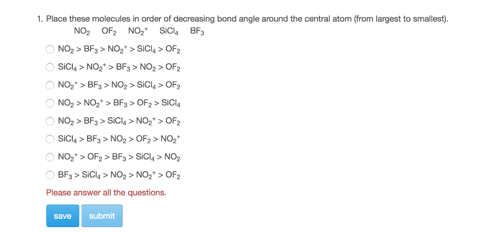 Oneclass: Place The Following Molecules In Order Of Decreasing Bond Angle: Nh3, Co2, Ccl4, Of2