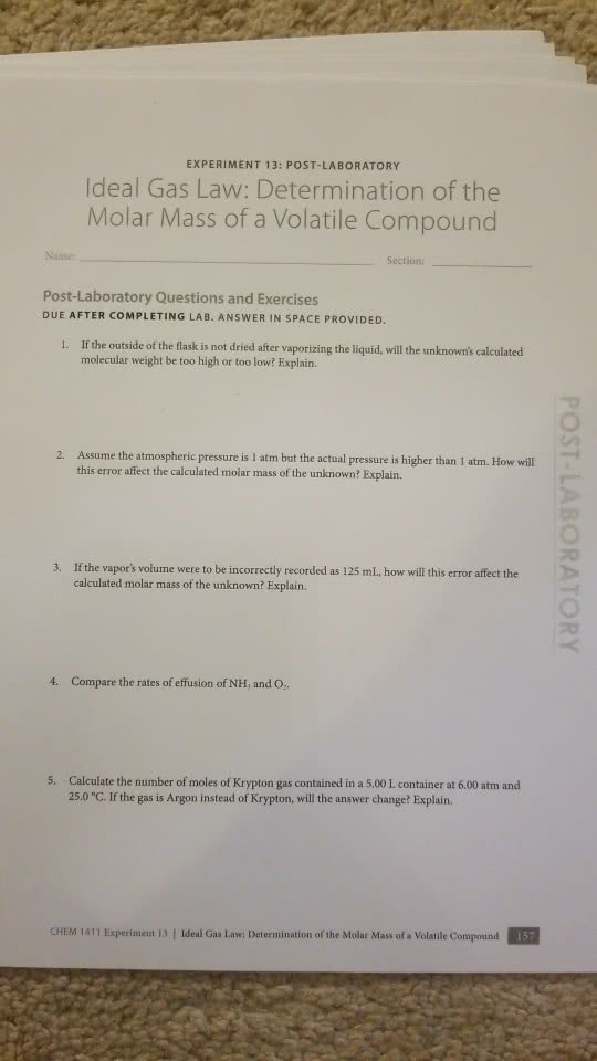 OneClass EXPERIMENT 13 POSTLABORATORY Ideal Gas Law Determination