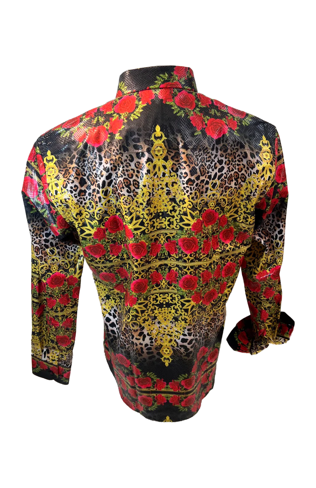 Men's Long Sleeve Button Down Dress Shirt Black Red Gold Floral Rose G Premiere Designer Shirts