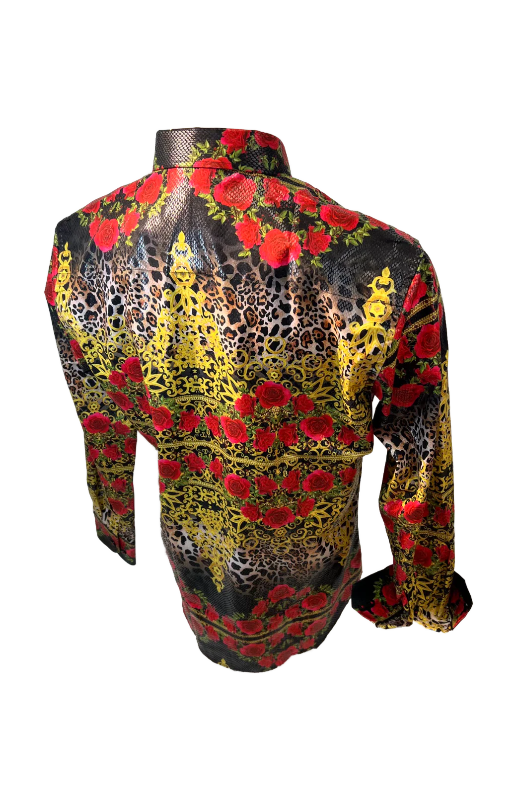 Men's Long Sleeve Button Down Dress Shirt Black Red Gold Floral Rose G Premiere Designer Shirts