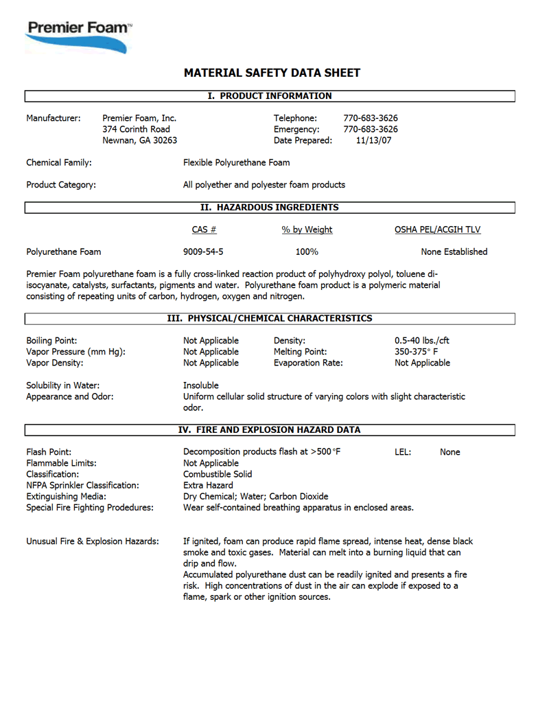 Premier Foam MSDS