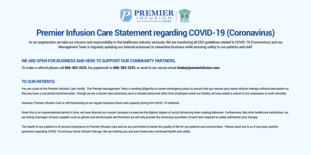 COVID19 Statement Premier Infusion CarePremier Infusion Care