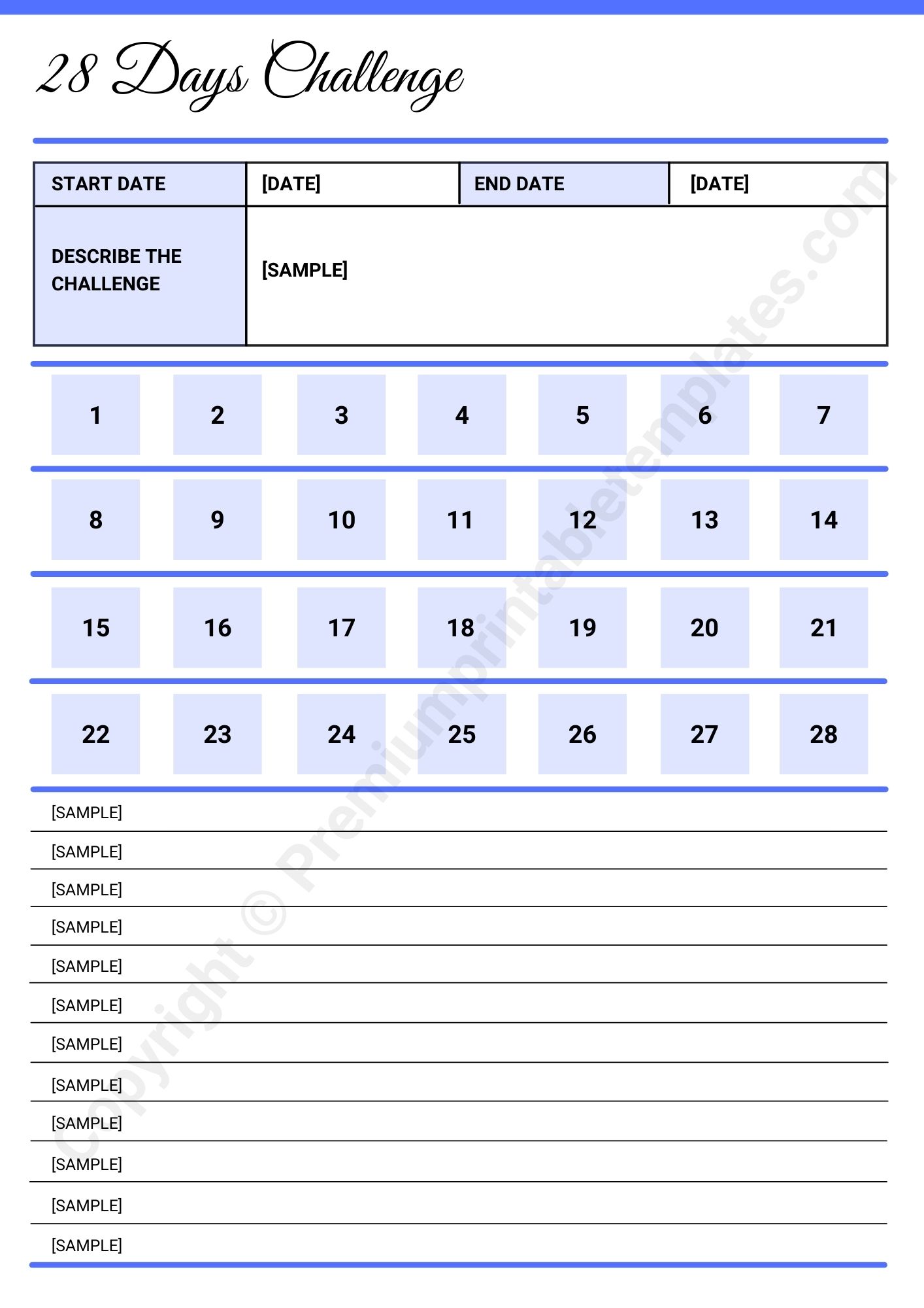 28 Day Challenge Template Printable in PDF & Word.