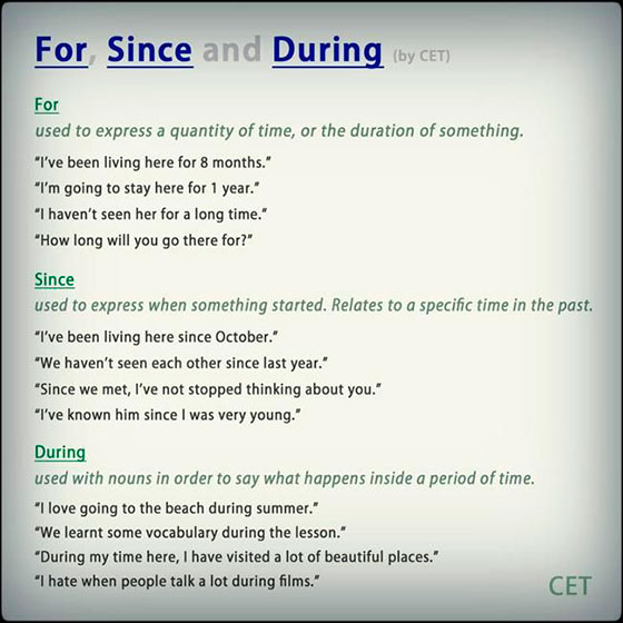 Uso de “For”, “Since” y “During” en inglés
