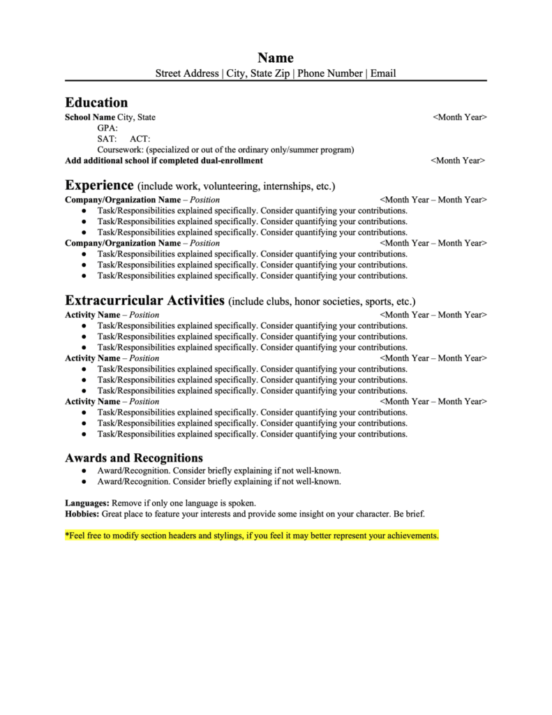 Resume Outline for High School Students Prepory