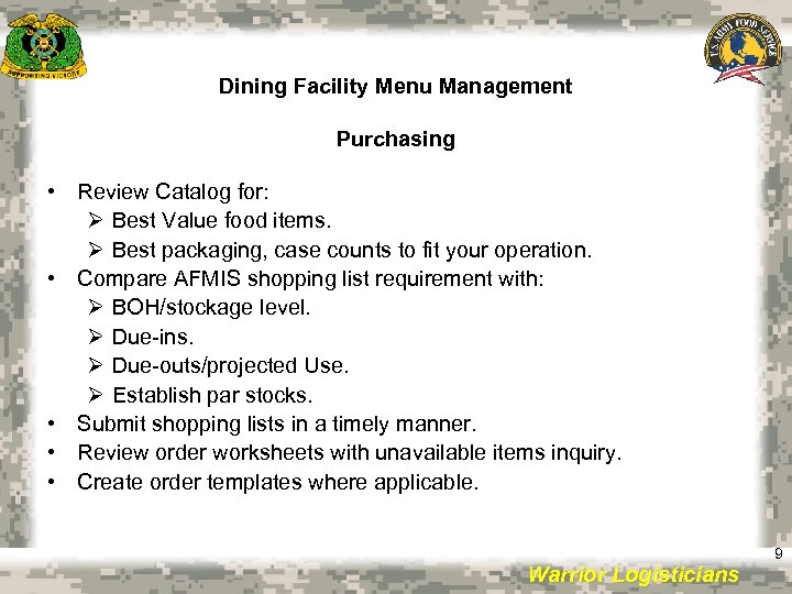 Dining Facility Menu Management All costs must