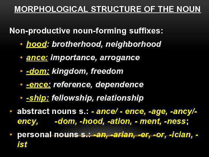 NOUN Overview MORPHOLOGICAL STRUCTURE OF THE NOUN