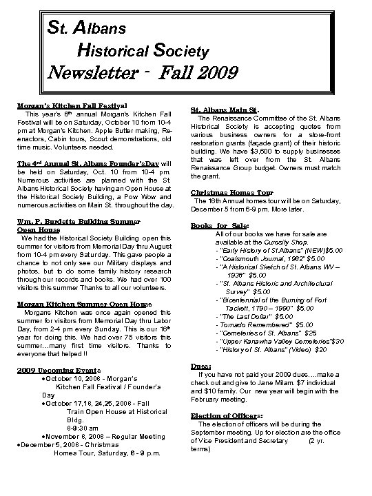 St Albans Historical Society Newsletter — Fall 2009