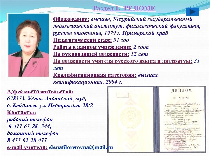 Портфолио заместителя директора по учебновоспитательной работе учителя