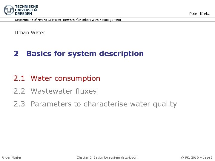 Department of Hydro Sciences Institute for Urban Water
