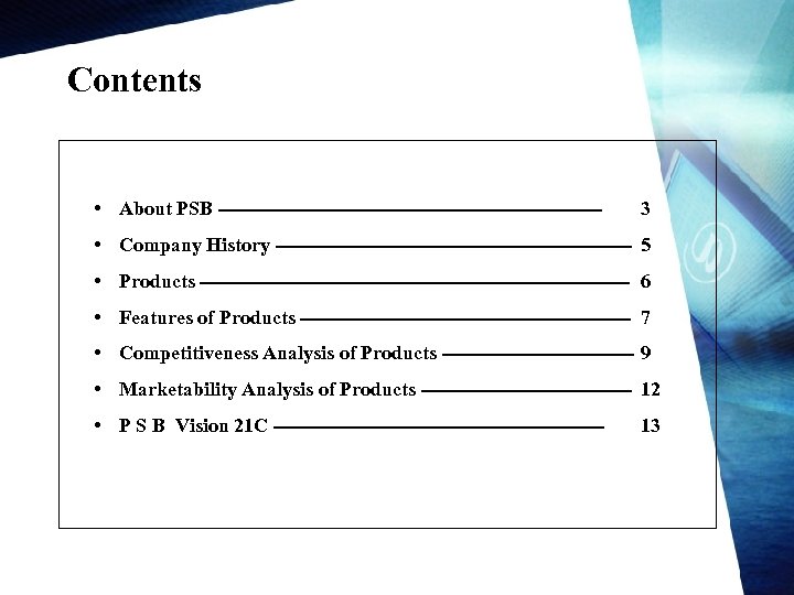Company Profile PSB Co Ltd Contents