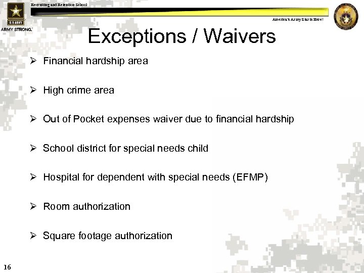 Recruiting and Retention School America s Army Starts Here