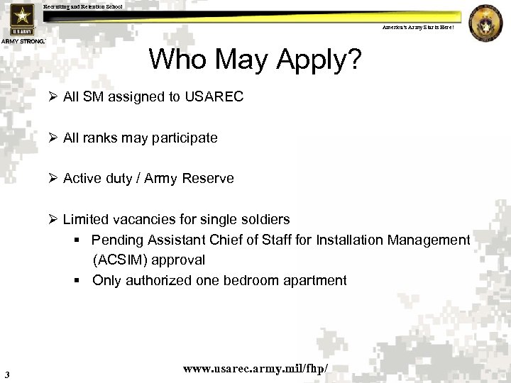 Recruiting and Retention School America s Army Starts Here