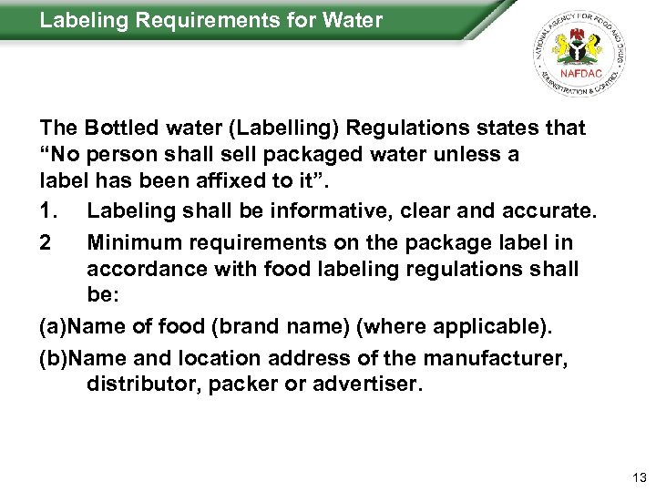 NAFDAC Regulation Registration Procedure for Packaged Water
