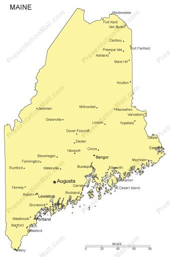 Maine Outline Map with Capitals & Major Cities - Digital Vector