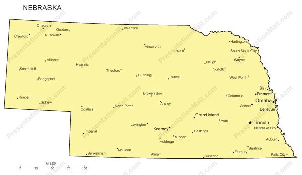 Nebraska Outline Map with Capitals & Major Cities- Digital Vector