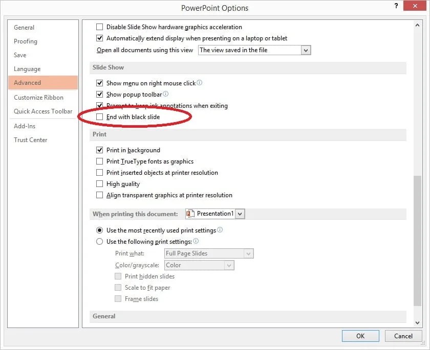 My slide show is stopping with text 'End of slide show, click to exit' • PresentationPoint