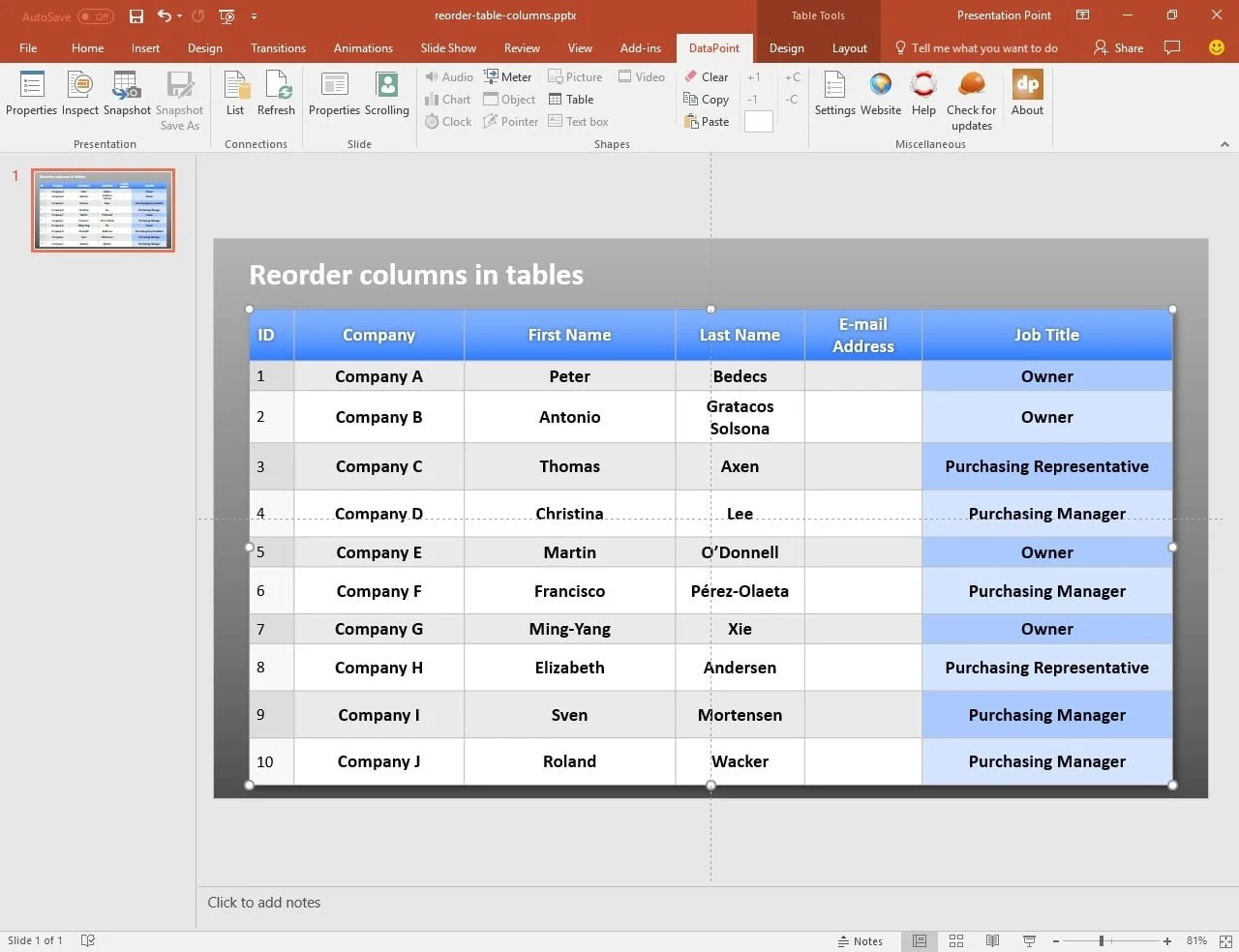 Reordering Columns in PowerPoint Table • PresentationPoint