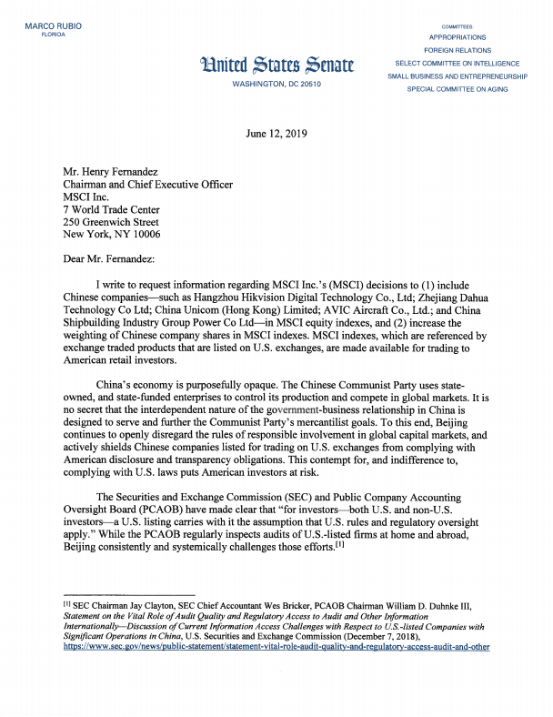 Senator Rubio takes on MSCI Underwriting of the Chinese Threat