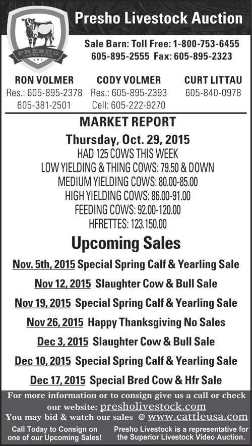 Oct 29, 2015 Slaughter Cow & Bull Sale Presho Livestock