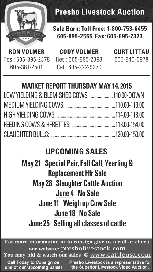 May 14, 2015 Slaughter Cattle Auction Presho Livestock