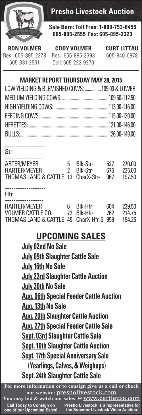 June 25, 2015 Selling All Classes of Cattle Presho Livestock