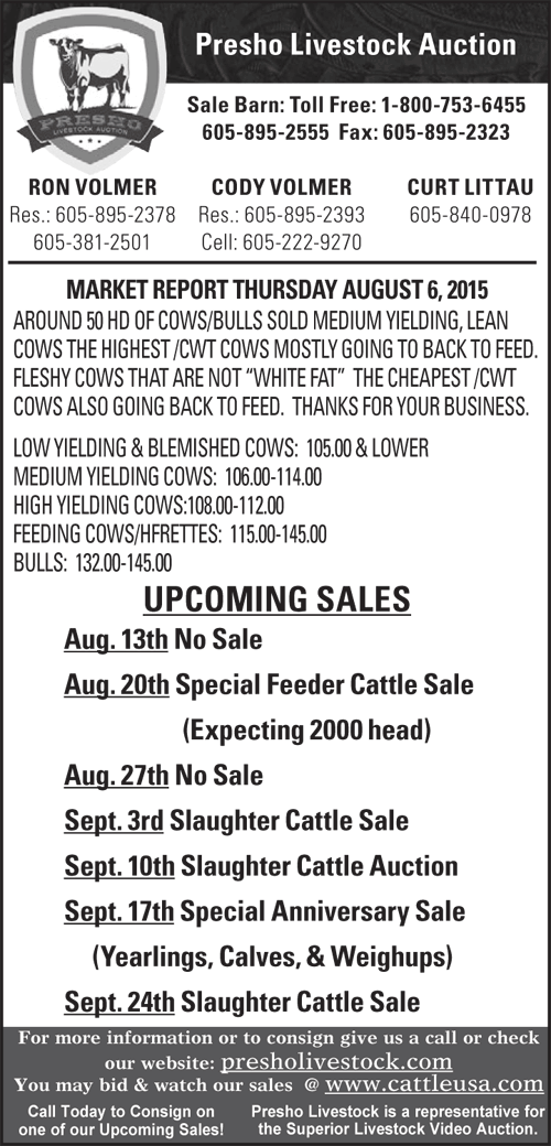 Aug 6, 2015 Slaughter Cattle Auction Presho Livestock