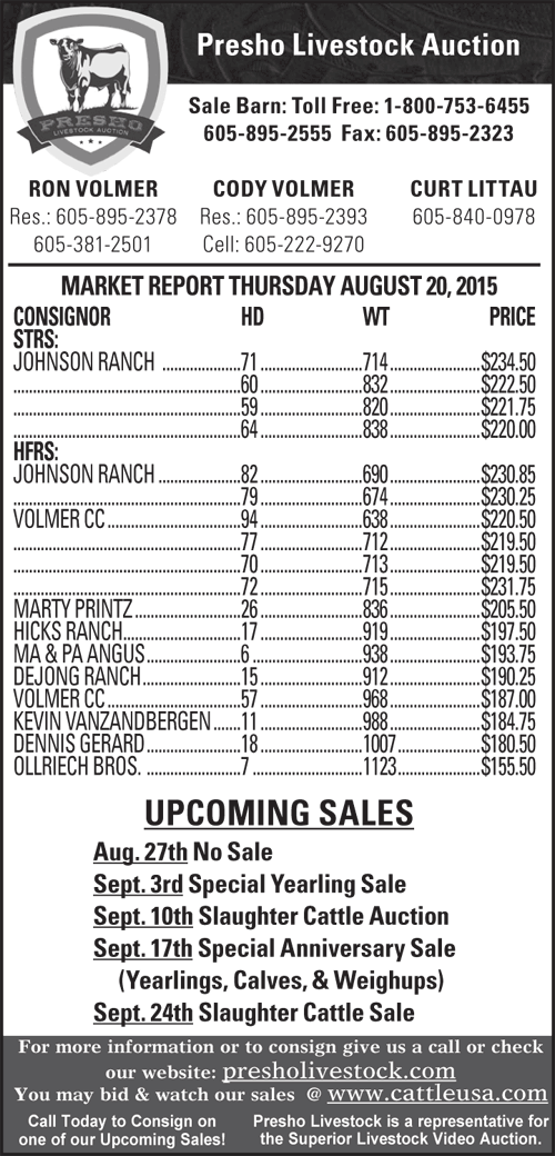 Aug 20, 2015 Special Feeder Cattle Sale Presho Livestock