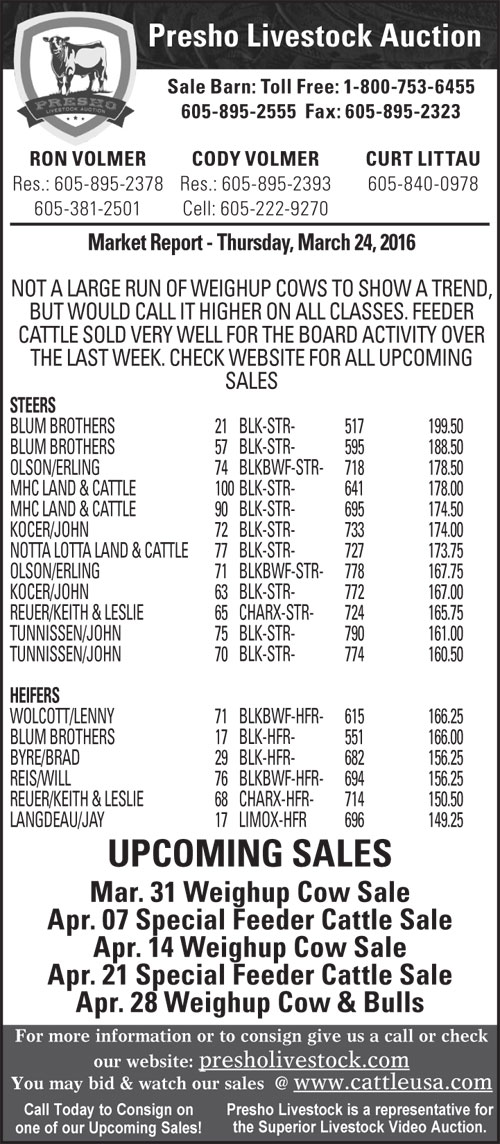 Mar 24, 2016 Special Feeder Cattle Sale Presho Livestock