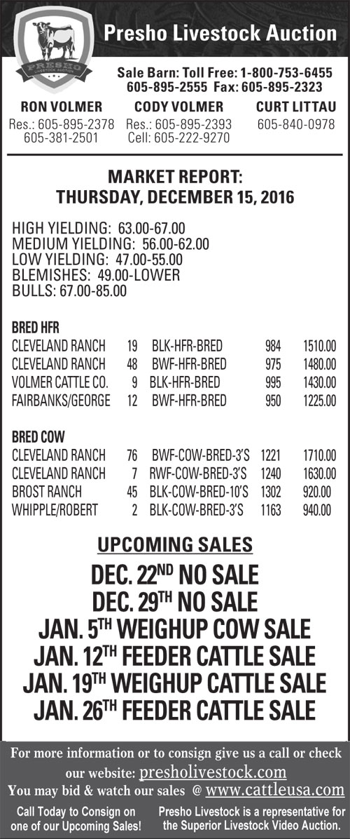 Dec 15, 2016 Special Bred Hfr, Bred Cow & Slaughter Cattle Sale