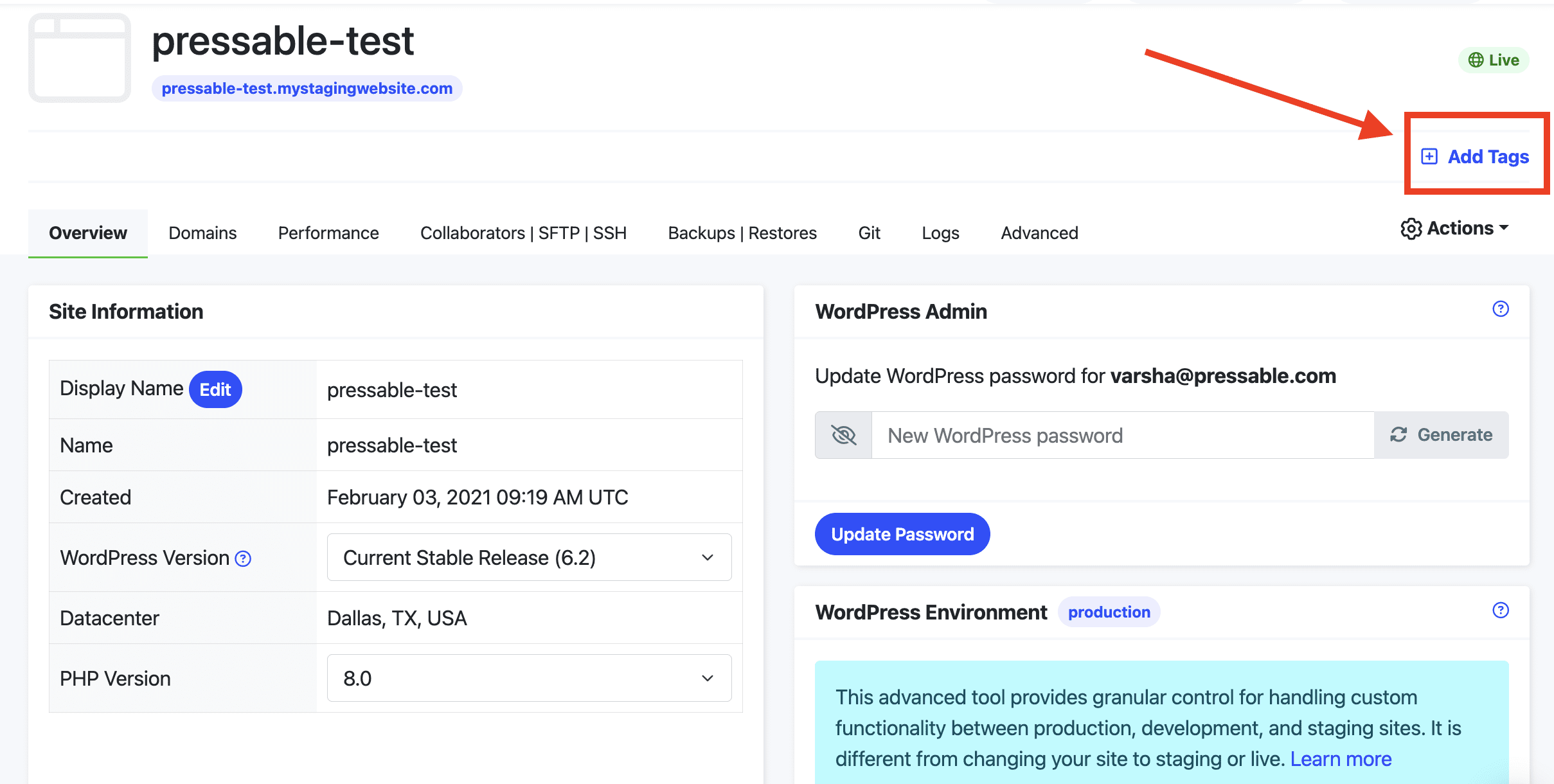 Adding Tags on WordPress sites Pressable