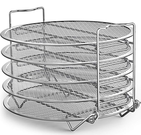a close-up product photo of a dehydrator rack with five layers