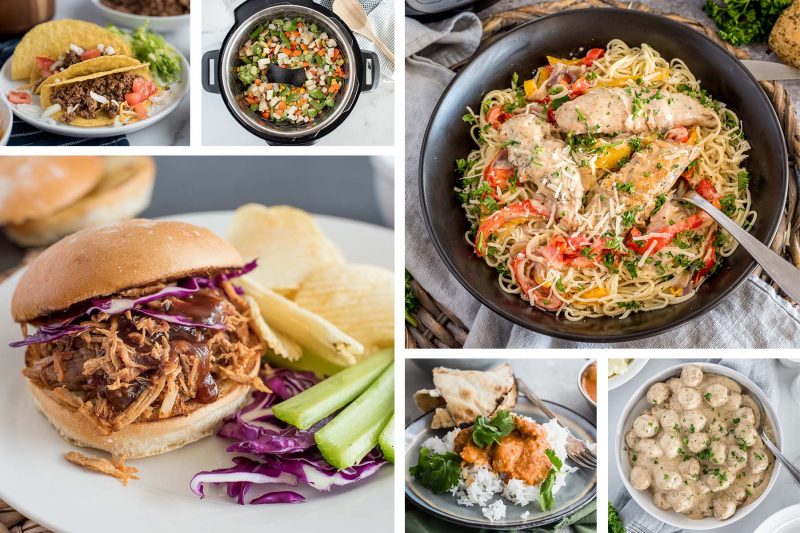A six-image collage fiilled with cheap easy meals to make in the Instant Pot. On the top left is a hard shell beef taco. Top middle is a pressure cooker filled with vegetable beef soup before pressure cooking. Bottom left is a saucy pulled pork sandwich. Top right is a dark plate filled with chicken scampi and angel hair pasta. Bottom middle is a small plate with butter chicken on it. Bottom right is a small white bowl filled with Swedish meatballs.