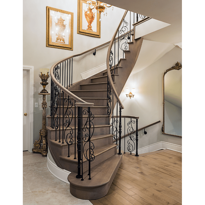 Staircase with wooden steps & handrails and steel balusters