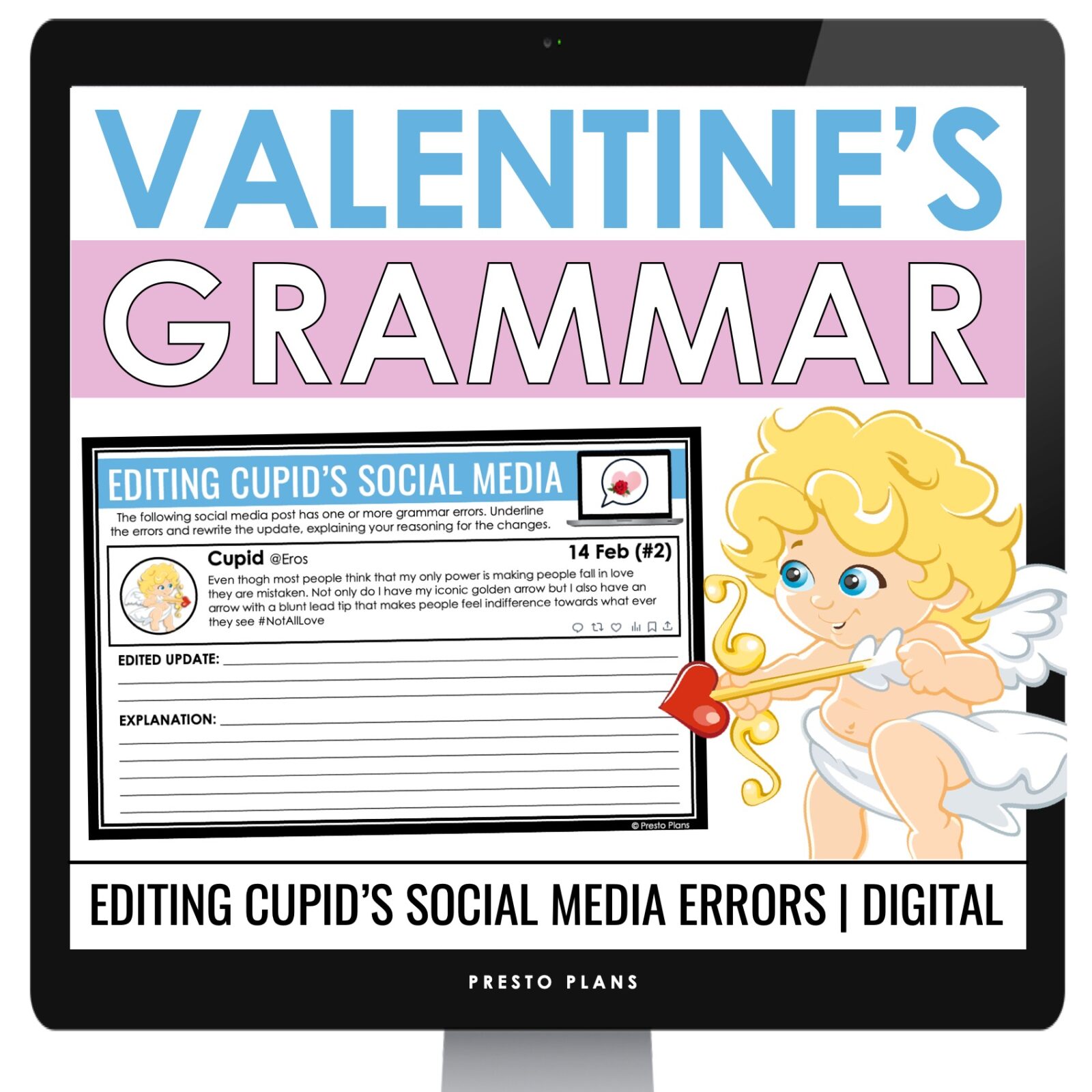 Valentine's Day Digital Grammar Activity Editing Errors in Cupid's