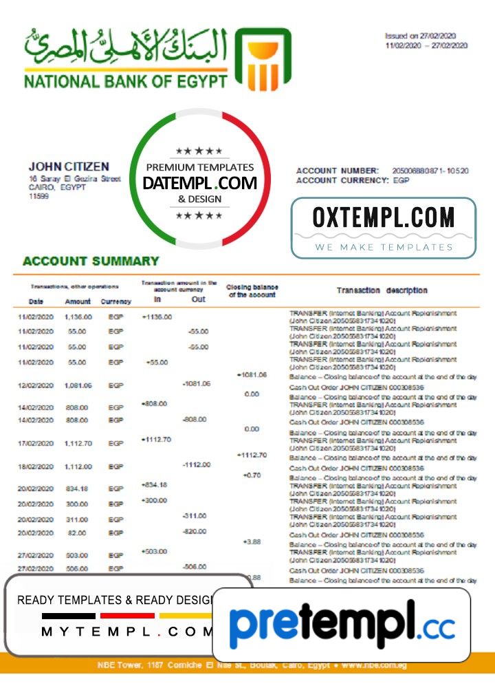 Egyptian National Bank of Egyptian proof of address bank statement 3 6 months example in Word
