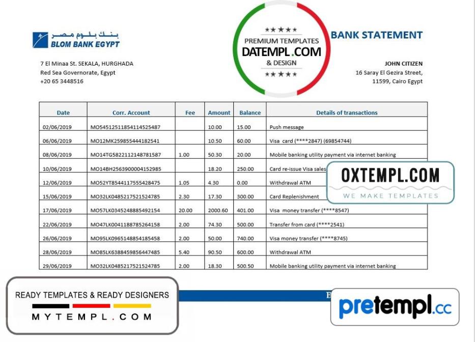 Egyptian Blom Bank of Egyptian proof of address statement example in Word and PDF format (.doc